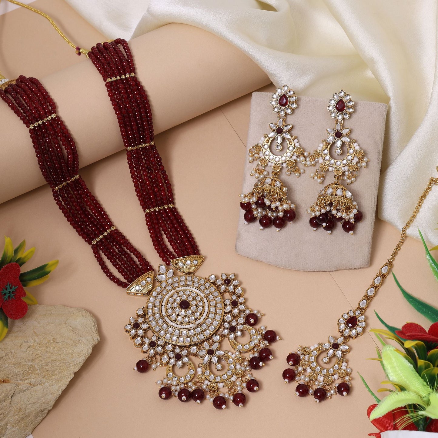Royal Maroon Color Kundan Necklace Set With Traditional Bridal Jewellery Design
