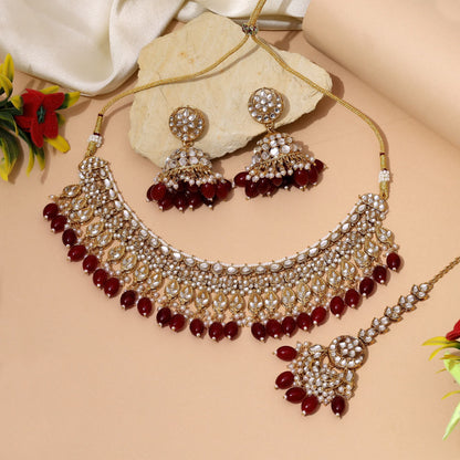 Antique Maroon Color Kundan Necklace Set With Ethnic Indian Bridal Jewellery