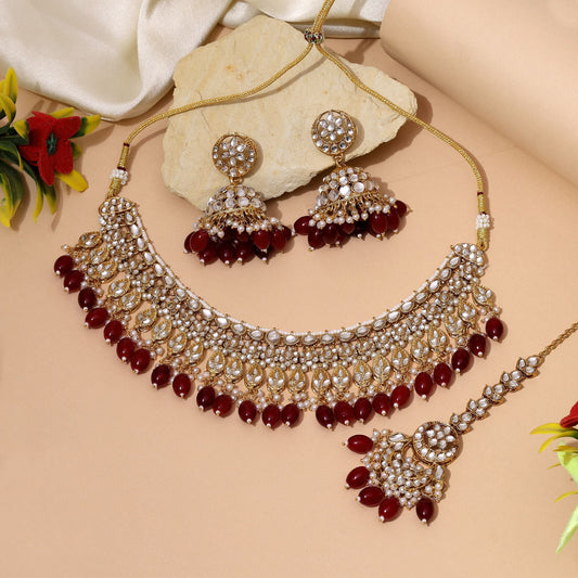 Antique Maroon Color Kundan Necklace Set With Ethnic Indian Bridal Jewellery