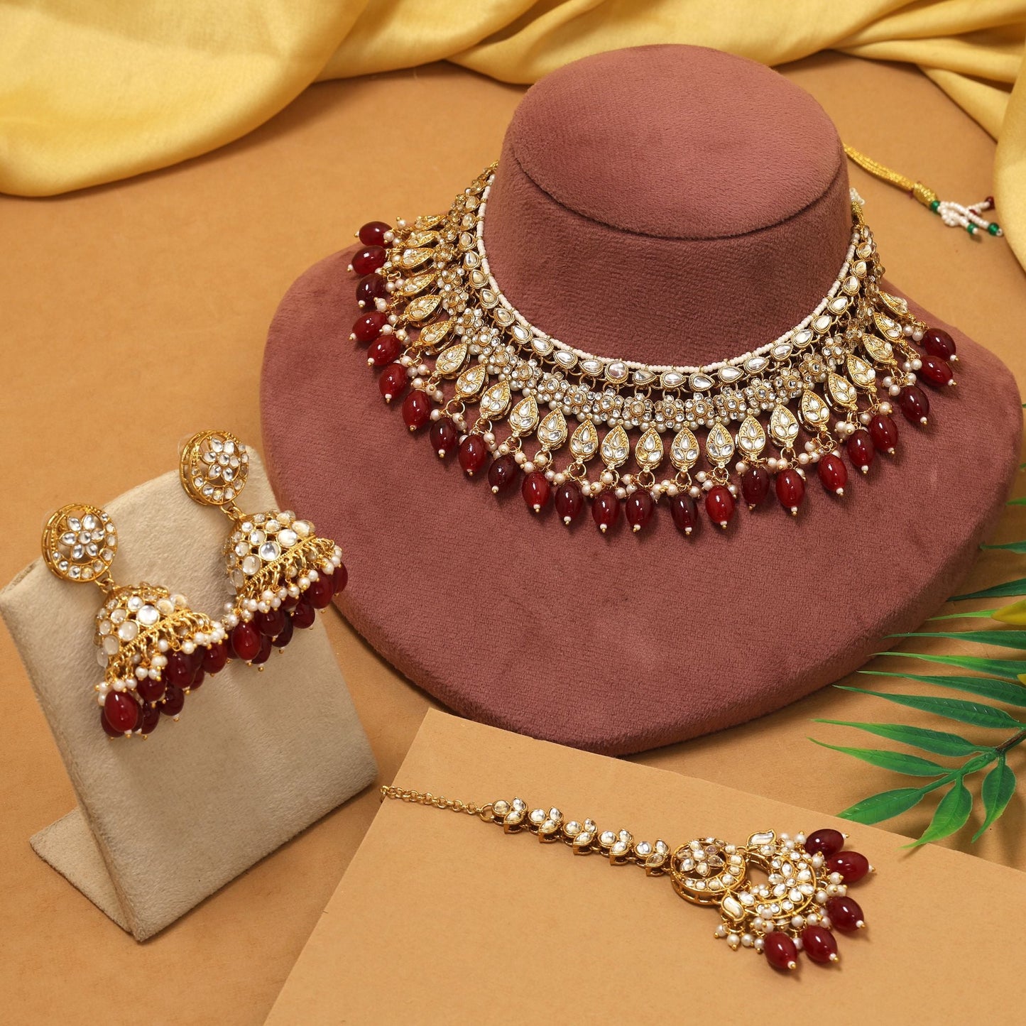 Antique Maroon Color Kundan Necklace Set With Ethnic Indian Bridal Jewellery