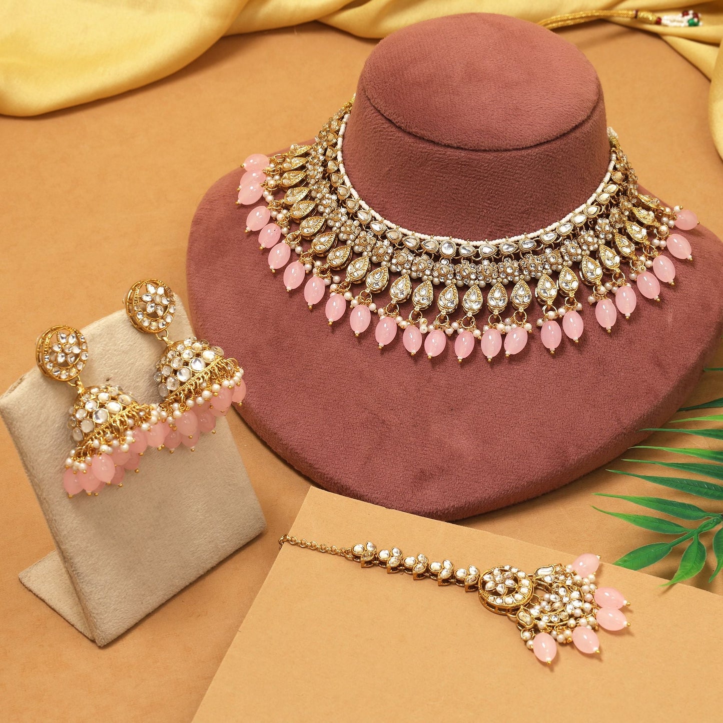 Gorgeous Pink Color Kundan Necklace Set Ideal For Weddings And Party Wear