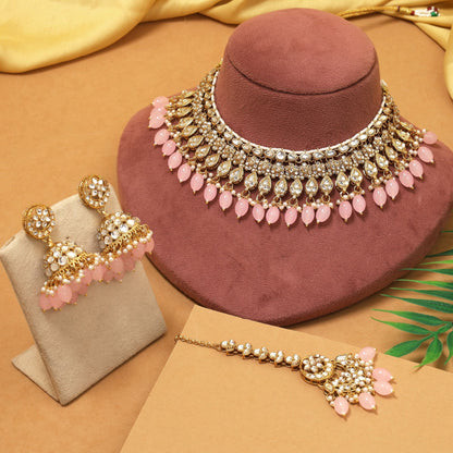 Gorgeous Pink Color Kundan Necklace Set Ideal For Weddings And Party Wear