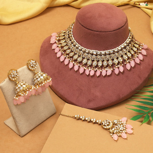 Gorgeous Pink Color Kundan Necklace Set Ideal For Weddings And Party Wear