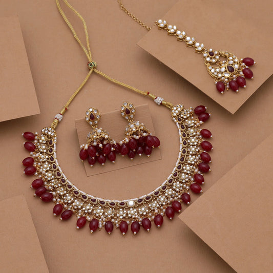 Bridal Maroon Color Kundan Necklace Set With Heavy Traditional Ethnic Jewellery