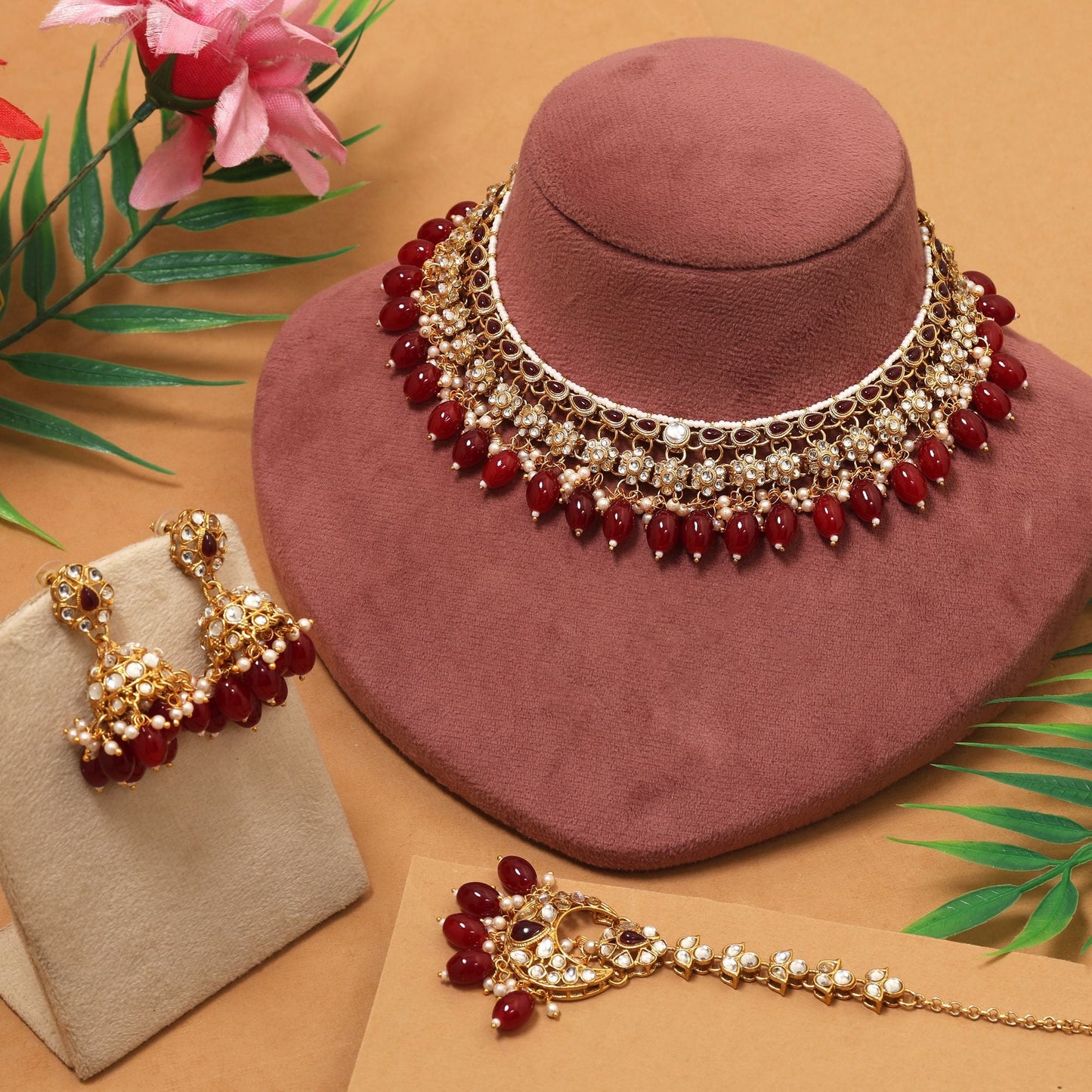Bridal Maroon Color Kundan Necklace Set With Heavy Traditional Ethnic Jewellery