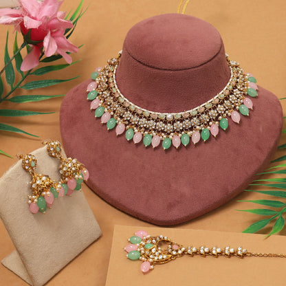 Dual Shade Pink Pista Green Color Kundan Necklace Set With Elegant Bridal Style