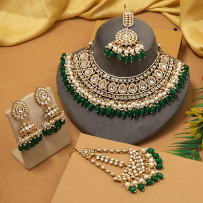 Traditional Green Color Kundan Necklace Set With Elegant Indian Bridal Jewellery Design