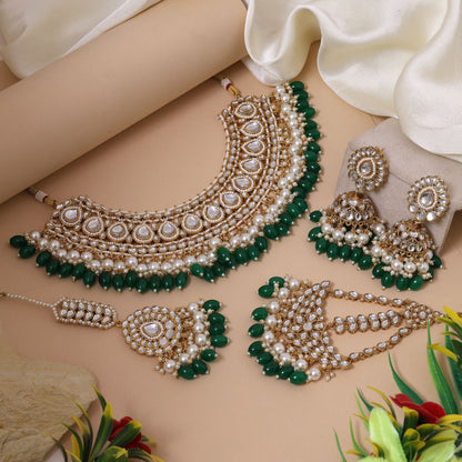 Traditional Green Color Kundan Necklace Set With Elegant Indian Bridal Jewellery Design