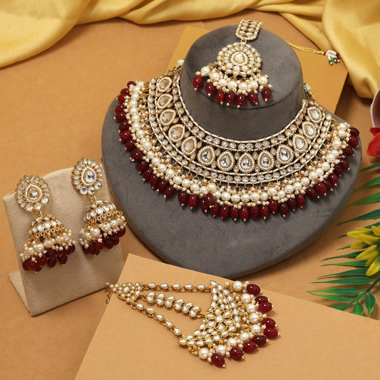 Antique Maroon Color Kundan Necklace Set With Classic Traditional Bridal Jewellery Style