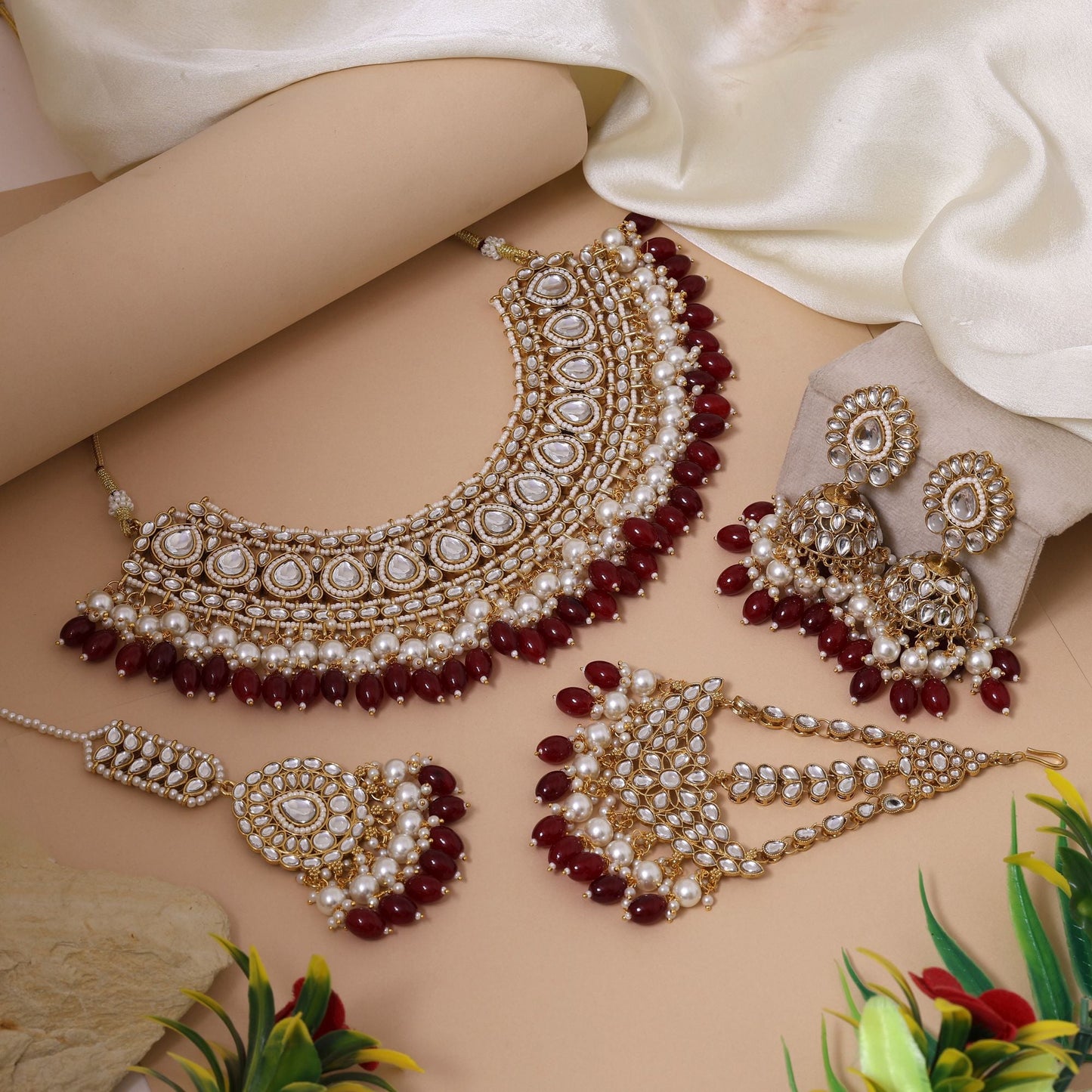 Antique Maroon Color Kundan Necklace Set With Classic Traditional Bridal Jewellery Style