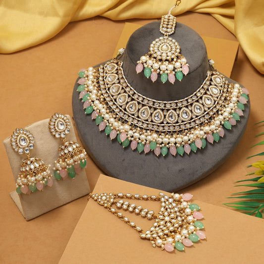 Exclusive Pink Pista Green Color Kundan Necklace Set With Stunning Bridal Jewellery