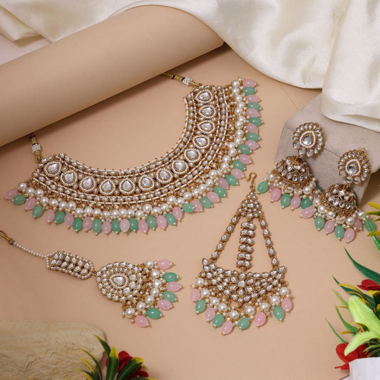 Exclusive Pink Pista Green Color Kundan Necklace Set With Stunning Bridal Jewellery