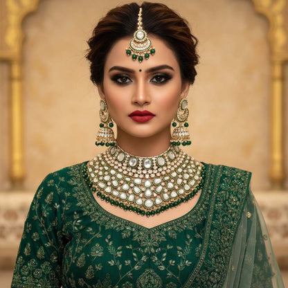 Designer Green Color Kundan Necklace Set For Bridal And Festival Jewellery Styling