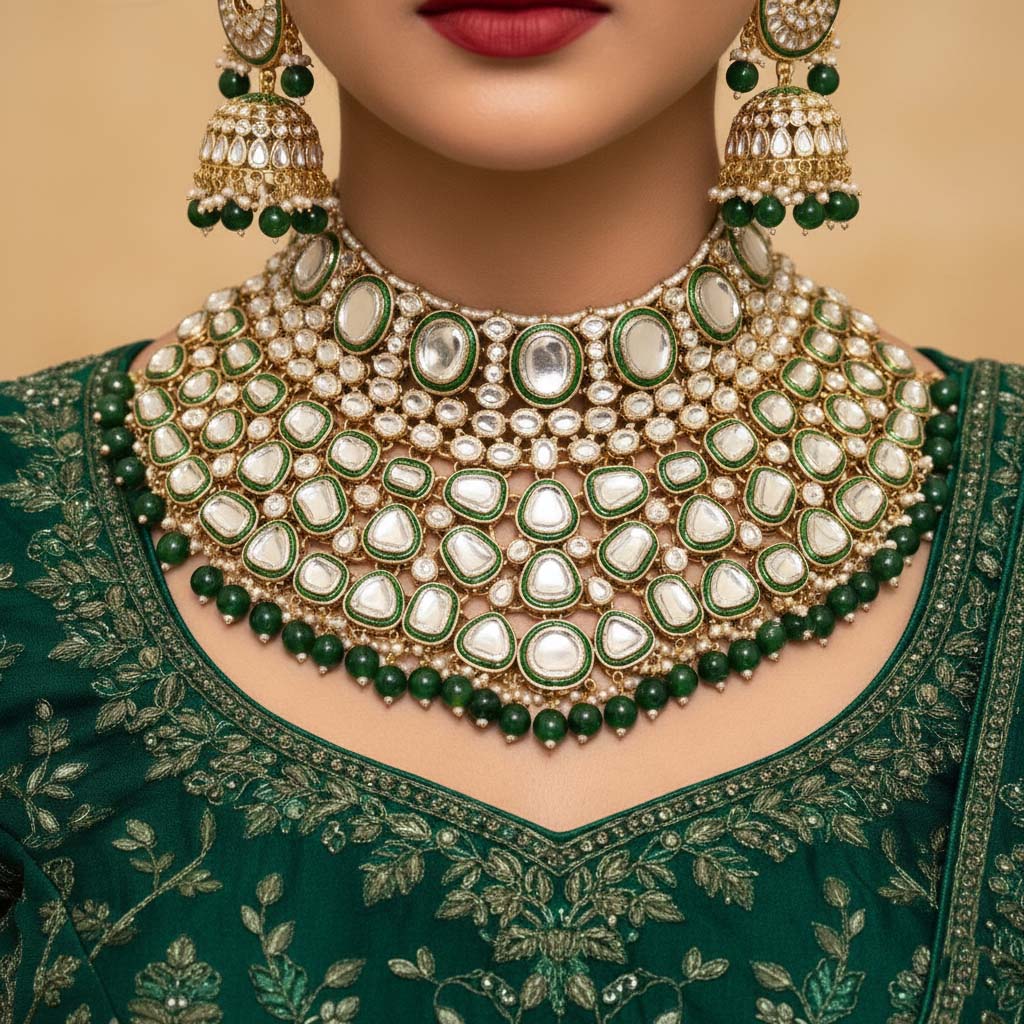 Designer Green Color Kundan Necklace Set For Bridal And Festival Jewellery Styling