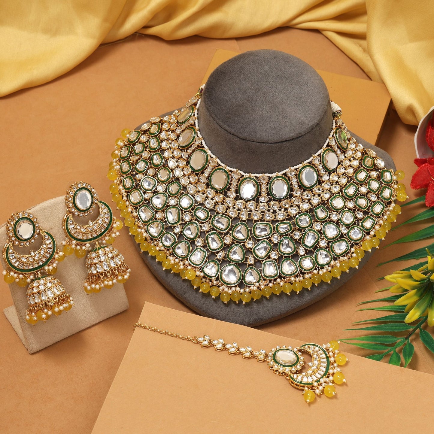 Bright Yellow Color Kundan Necklace Set With Traditional Wedding Jewellery For Women