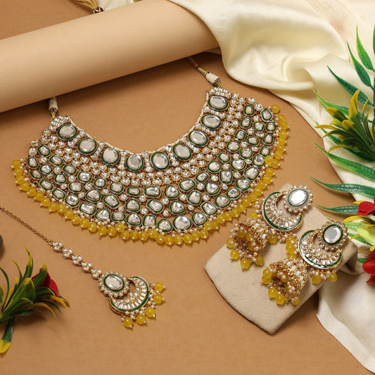 Bright Yellow Color Kundan Necklace Set With Traditional Wedding Jewellery For Women