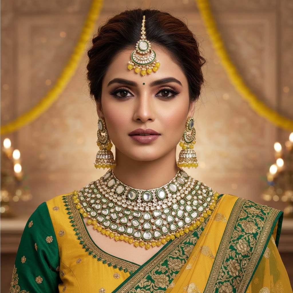 Bright Yellow Color Kundan Necklace Set With Traditional Wedding Jewellery For Women