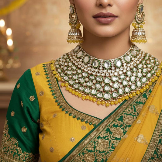 Bright Yellow Color Kundan Necklace Set With Traditional Wedding Jewellery For Women