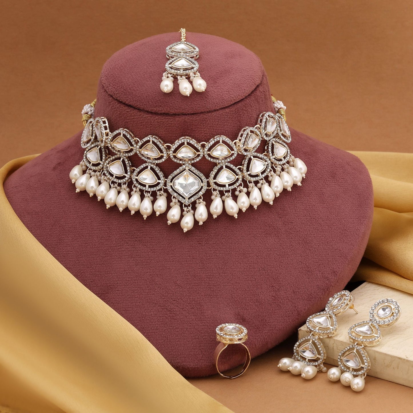 Classic White Color Choker Kundan Necklace Set With Traditional Beads And Stone Detailing