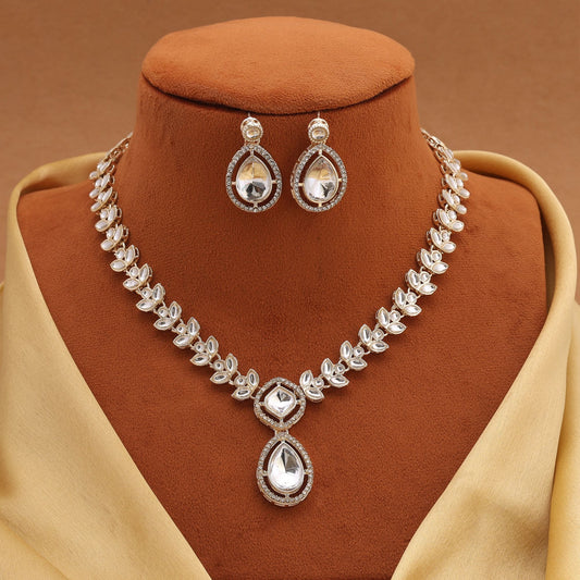 Premium White Color Kundan Necklace Set With Matching Earrings For Bridal Jewellery Lovers