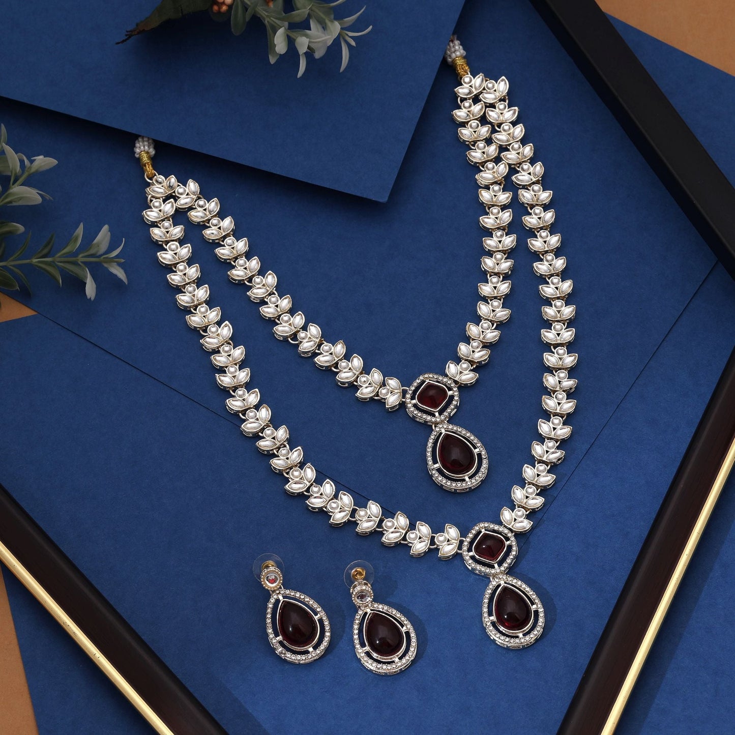 Traditional Maroon Color Kundan Necklace Set With Elegant Work For Cultural Celebrations