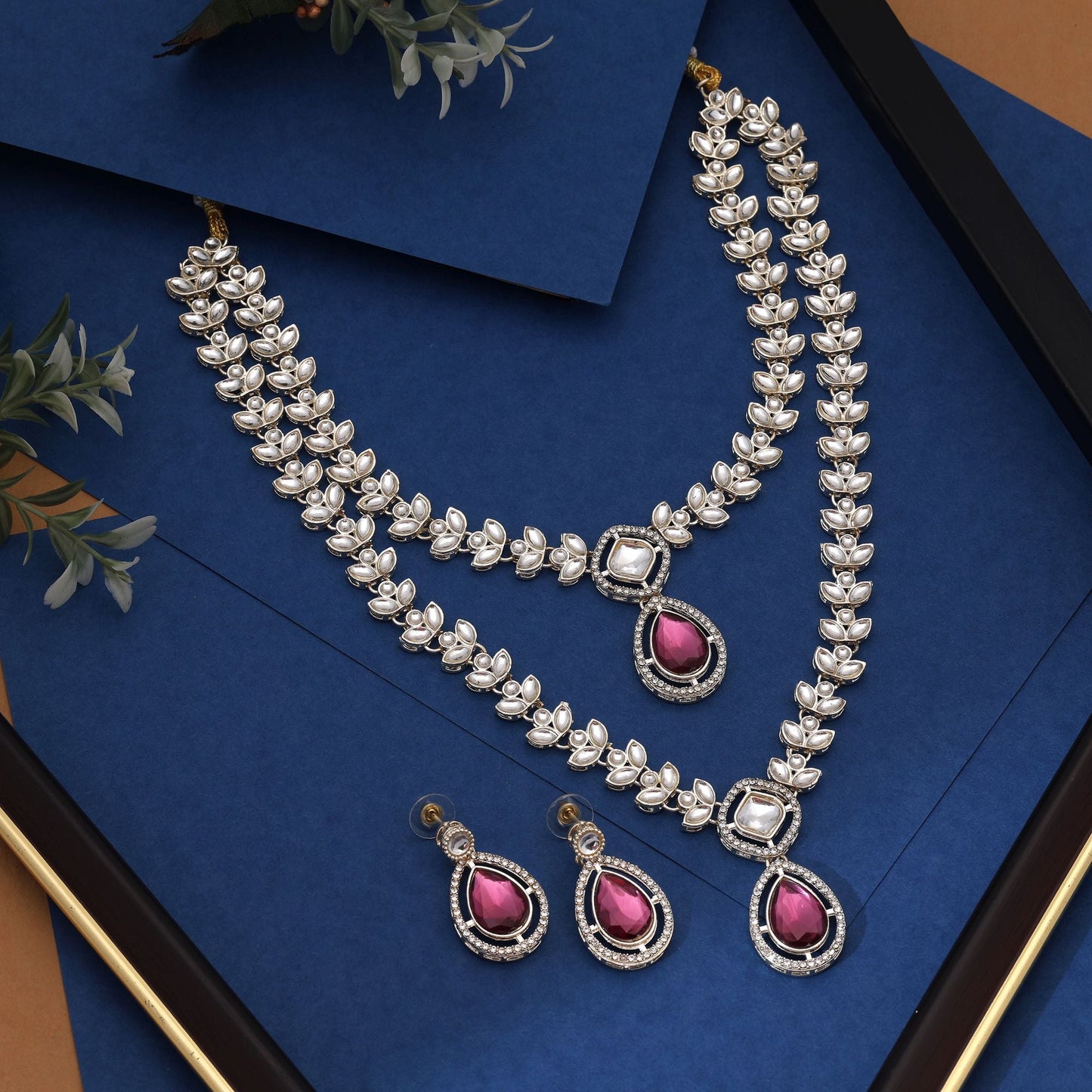 Luxurious Purple Color Kundan Necklace Set With Matching Earrings For Bridal Collections