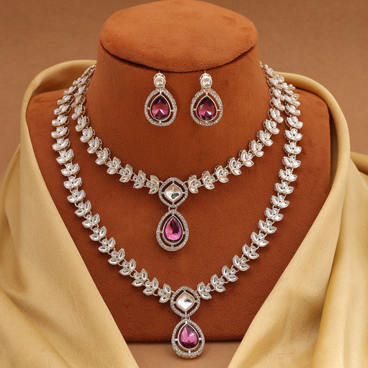 Luxurious Purple Color Kundan Necklace Set With Matching Earrings For Bridal Collections