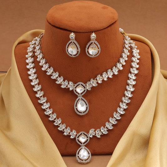 Elegant White Color Kundan Necklace Set With Stone Studded Earrings For Grand Occasions