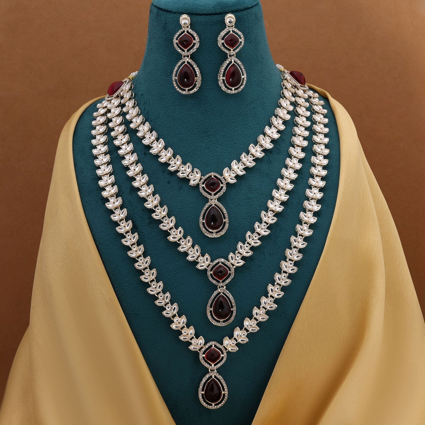 Stylish Maroon Color Kundan Necklace Set With Matching Earrings For Festivals And Weddings