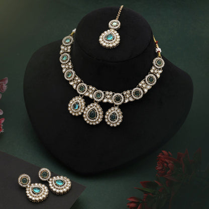 Graceful Light Green Color Kundan Necklace Set With Stones For Traditional Look