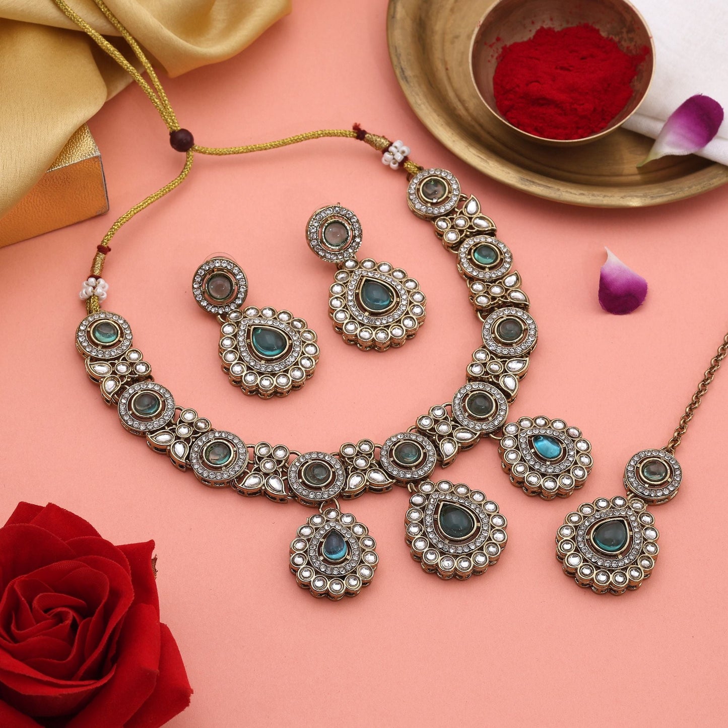 Graceful Light Green Color Kundan Necklace Set With Stones For Traditional Look