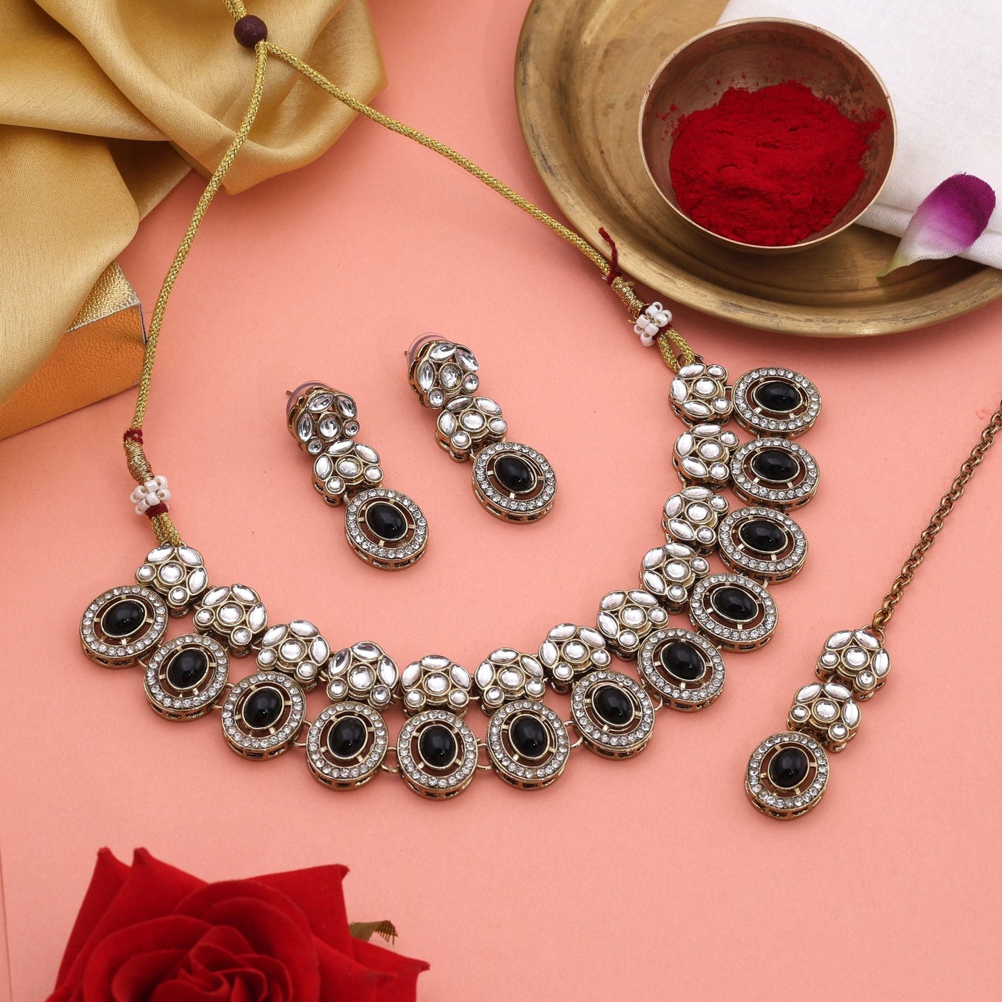 Elegant Black Color Kundan Necklace Set With Gold Touch Perfect For Ethnic Wear