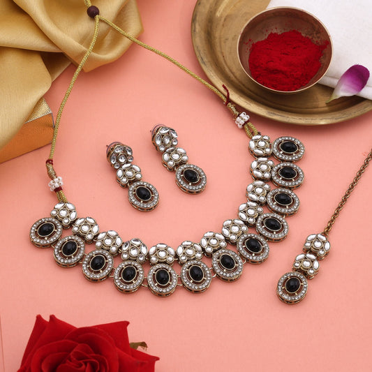 Elegant Black Color Kundan Necklace Set With Gold Touch Perfect For Ethnic Wear