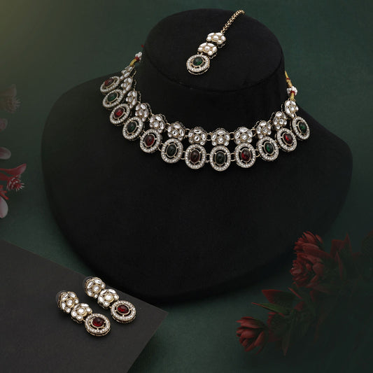 Wunderschönes kastanienbraunes und grünes Kundan-Halskettenset für Bräute und festliche Looks