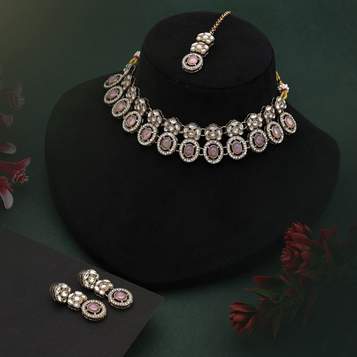 Pretty Peach Color Kundan Necklace Set With Beaded Detailing For Party Wear