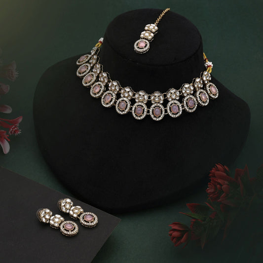 Pretty Peach Color Kundan Necklace Set With Beaded Detailing For Party Wear