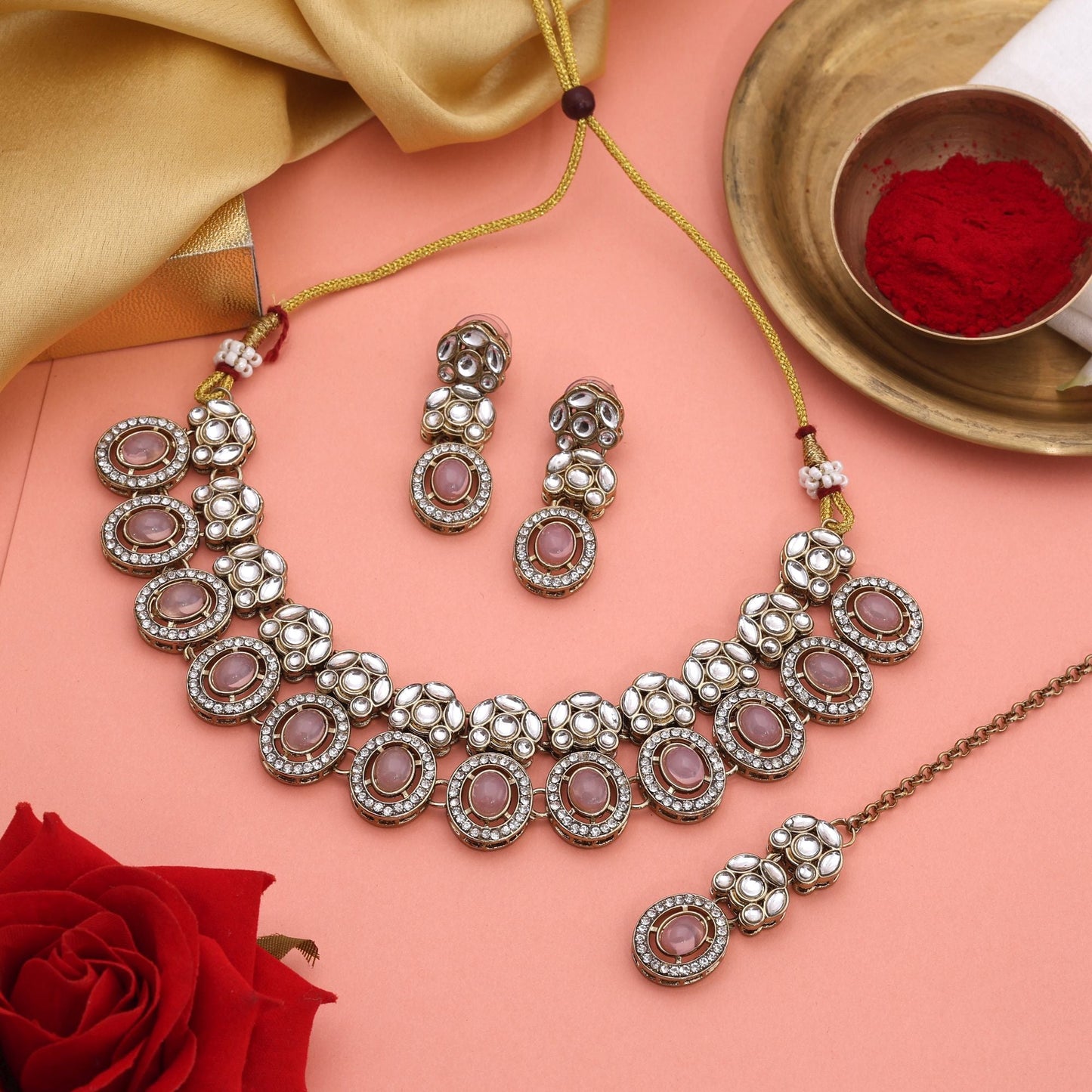 Pretty Peach Color Kundan Necklace Set With Beaded Detailing For Party Wear