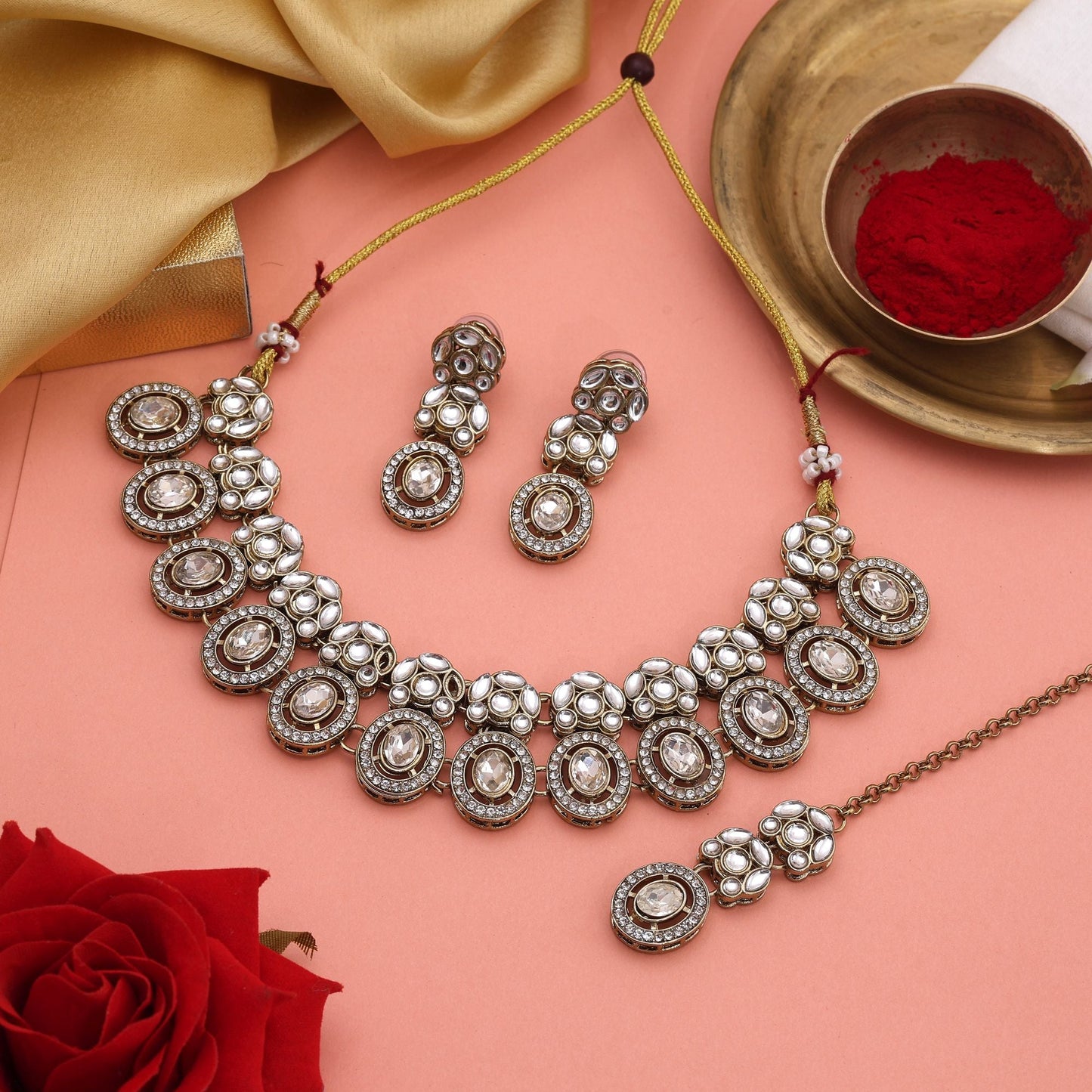 Elegant White Color Kundan Necklace Set With Sparkling Stones For Bridal Attire