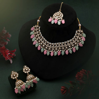 Dual Tone Pink & Pista Green Color Kundan Necklace Set For Festive Looks