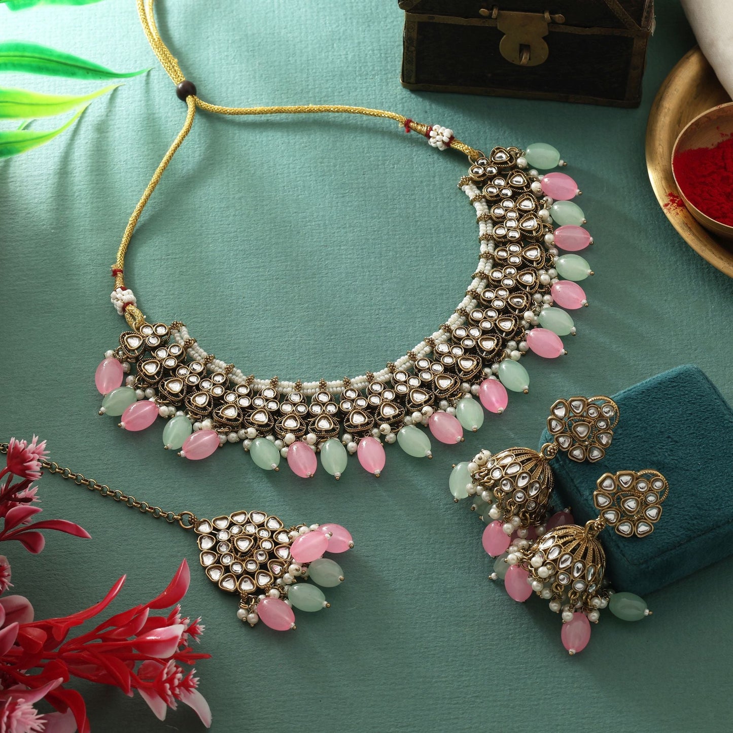 Dual Tone Pink & Pista Green Color Kundan Necklace Set For Festive Looks