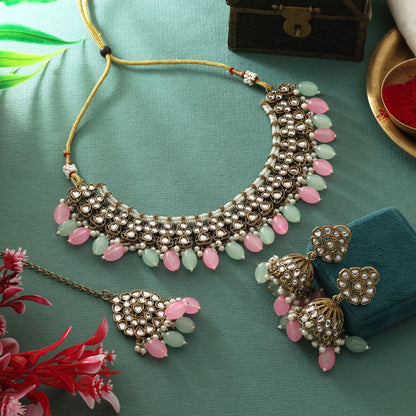 Dual Tone Pink & Pista Green Color Kundan Necklace Set For Festive Looks