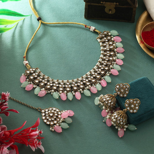 Dual Tone Pink & Pista Green Color Kundan Necklace Set For Festive Looks