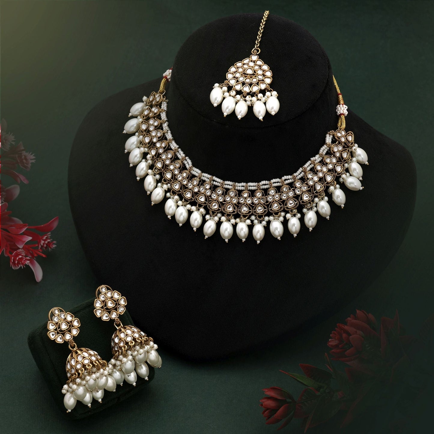 Classic White Color Kundan Necklace Set With Gold Detailing For Wedding Wear
