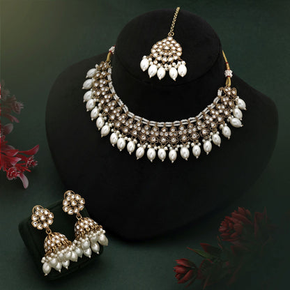 Classic White Color Kundan Necklace Set With Gold Detailing For Wedding Wear