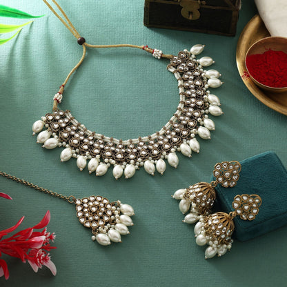 Classic White Color Kundan Necklace Set With Gold Detailing For Wedding Wear