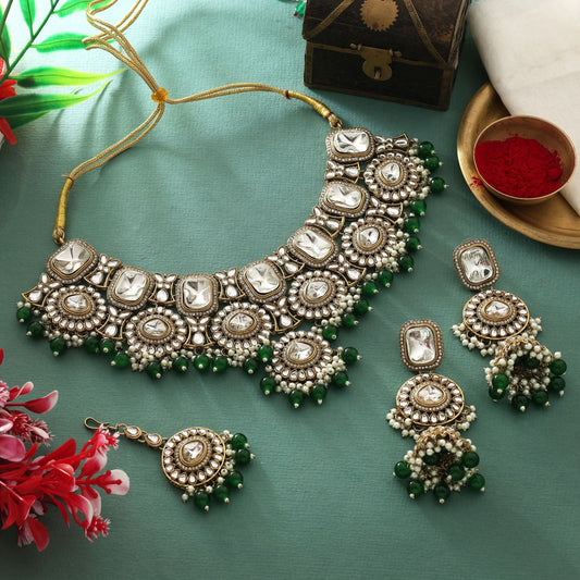 Classic Green Color Kundan Necklace Set Perfect For Festivals And Celebrations