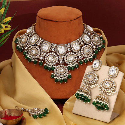 Classic Green Color Kundan Necklace Set Perfect For Festivals And Celebrations