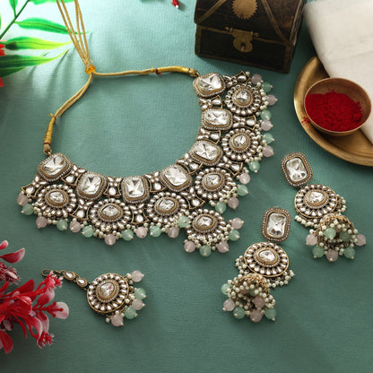 Designer Pista Green & Pink Color Kundan Necklace Set For Party And Wedding