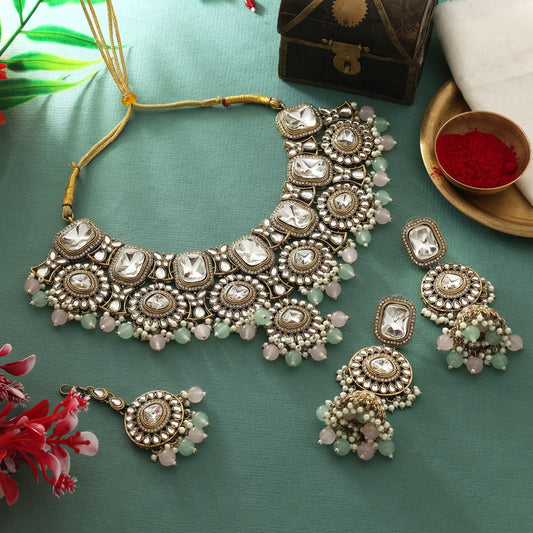Designer Pista Green & Pink Color Kundan Necklace Set For Party And Wedding