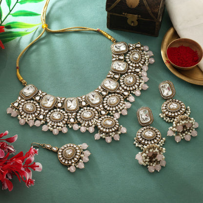 Gorgeous Pink Color Kundan Necklace Set With Crystal Detailing For Modern Brides